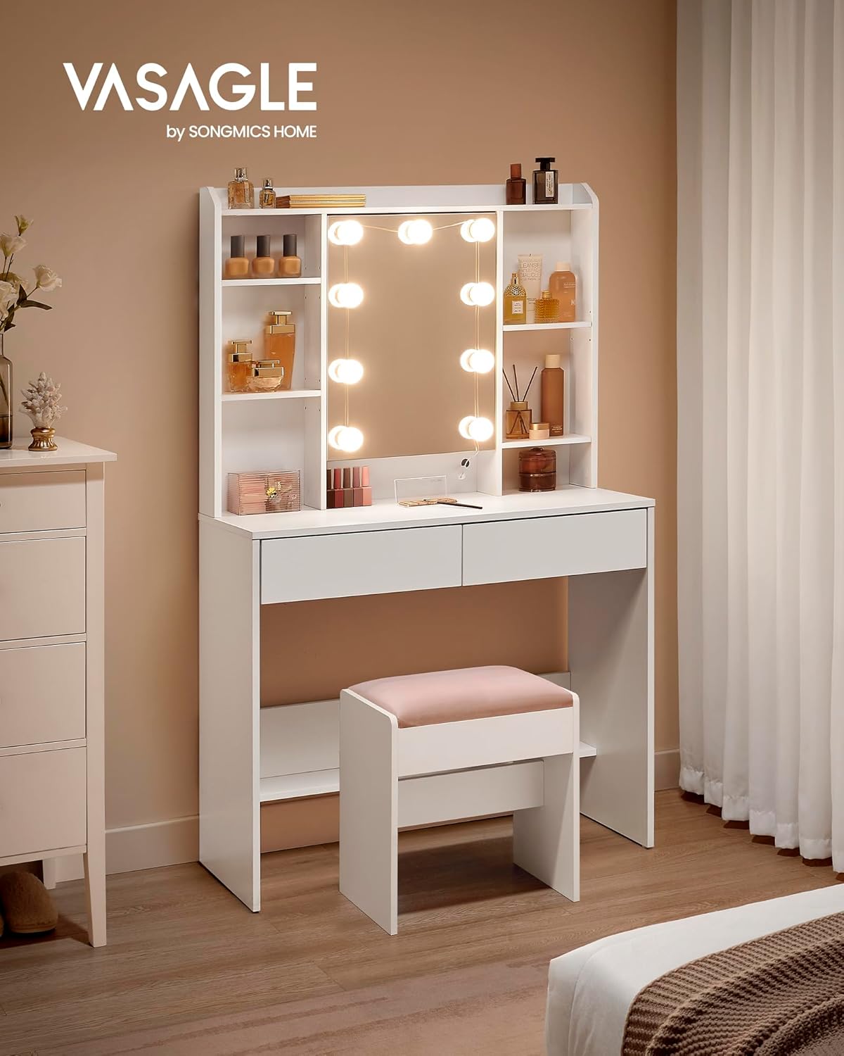 VASAGLE Schminktisch mit Beleuchtung, einstellbare Helligkeit, Frisiertisch mit Spiegel, Kosmetiktisch mit verstellbaren Ablagen, 2 Schubladen, modern, wolkenweiß RDT126W01