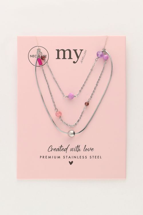 Driedubbele ketting met roze en paarse kraaltjes