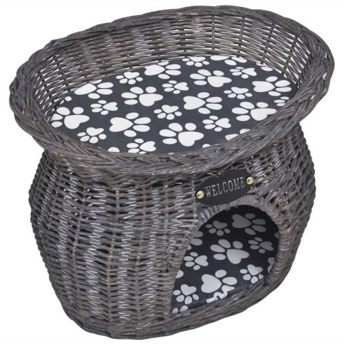 Cama de vime para gatos na cor cinza.