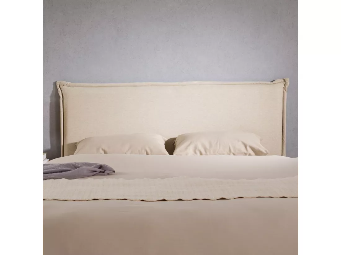 Tête de lit BASOL 120 rembourrée, En tissu polyester pour lit 120 cm, Sur pieds en bois, Écru