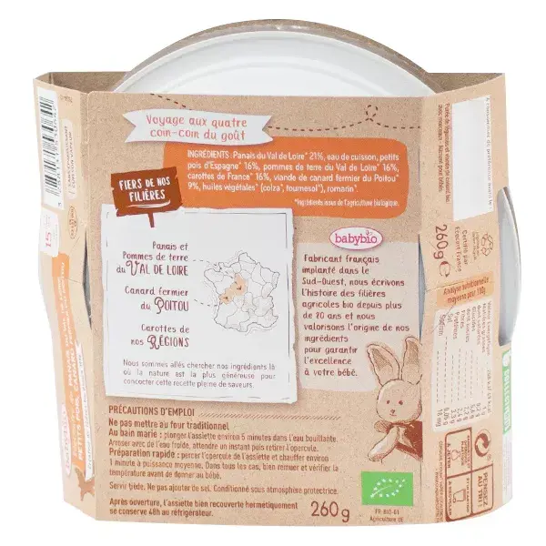 Prato de Almoço Babybio com Pastinaca, Ervilhas e Pato (+15 meses) - Orgânico - 260g