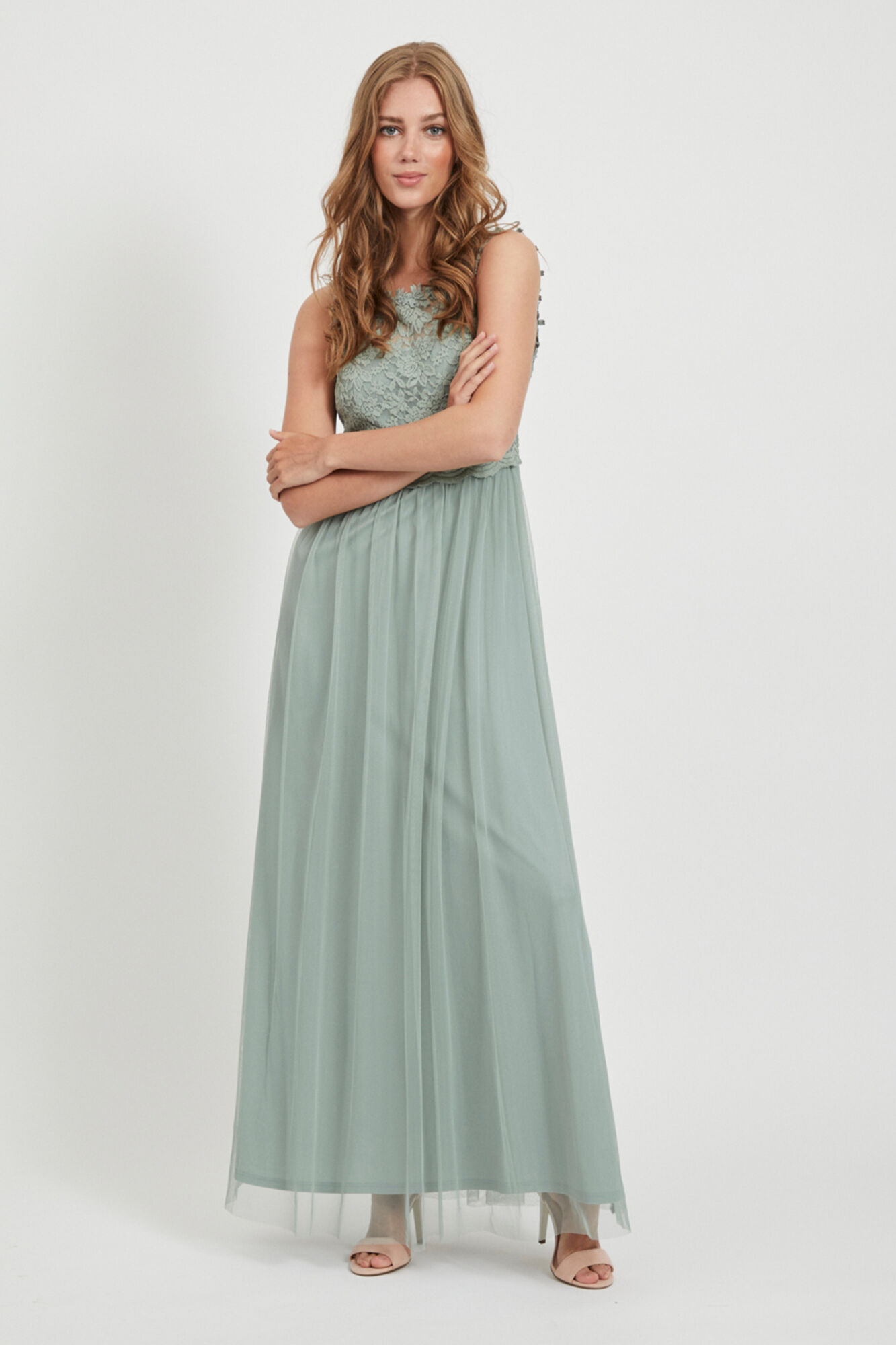 Vestido longo com saia de tule - Verde