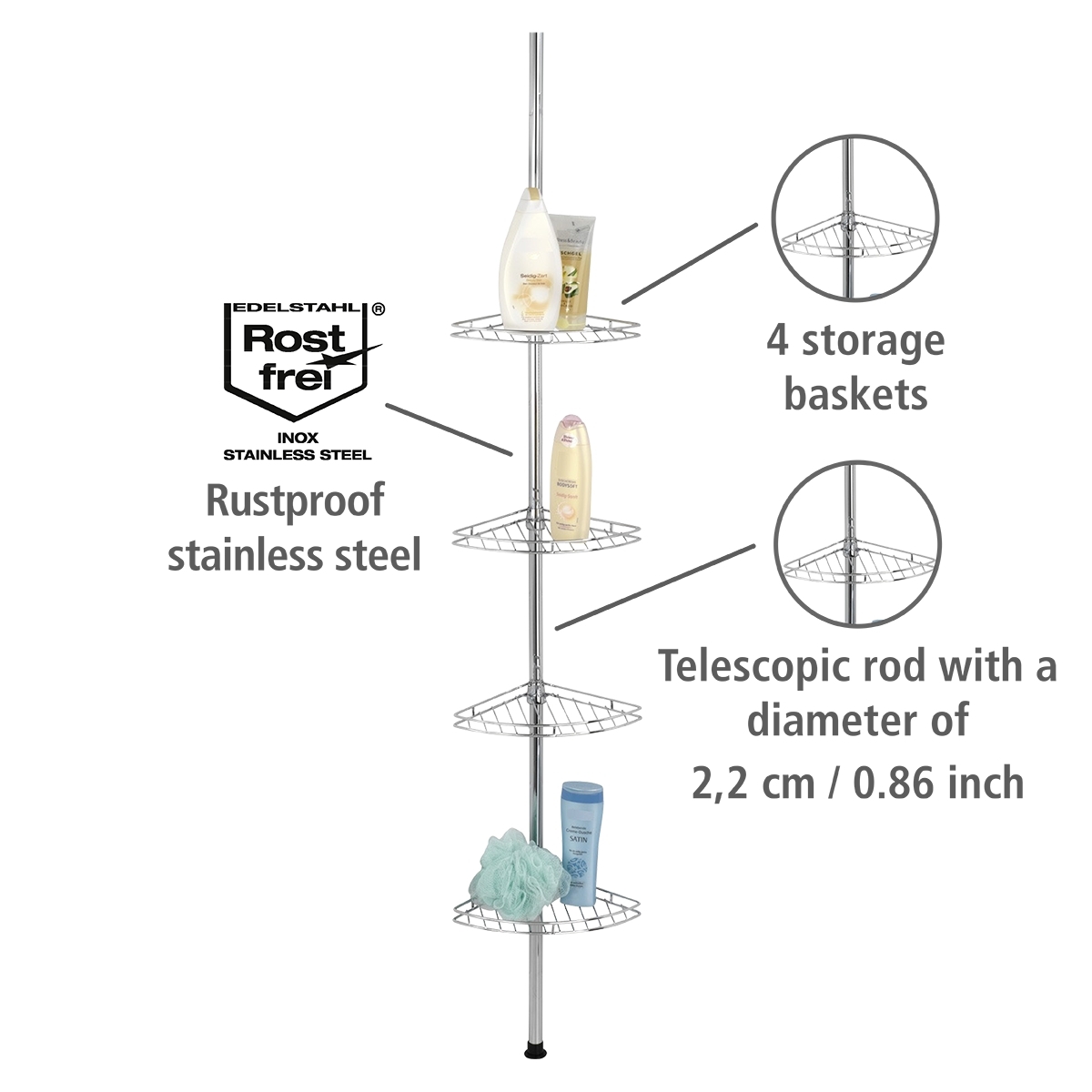 Wenko telescopisch doucherek prea RVS glans
