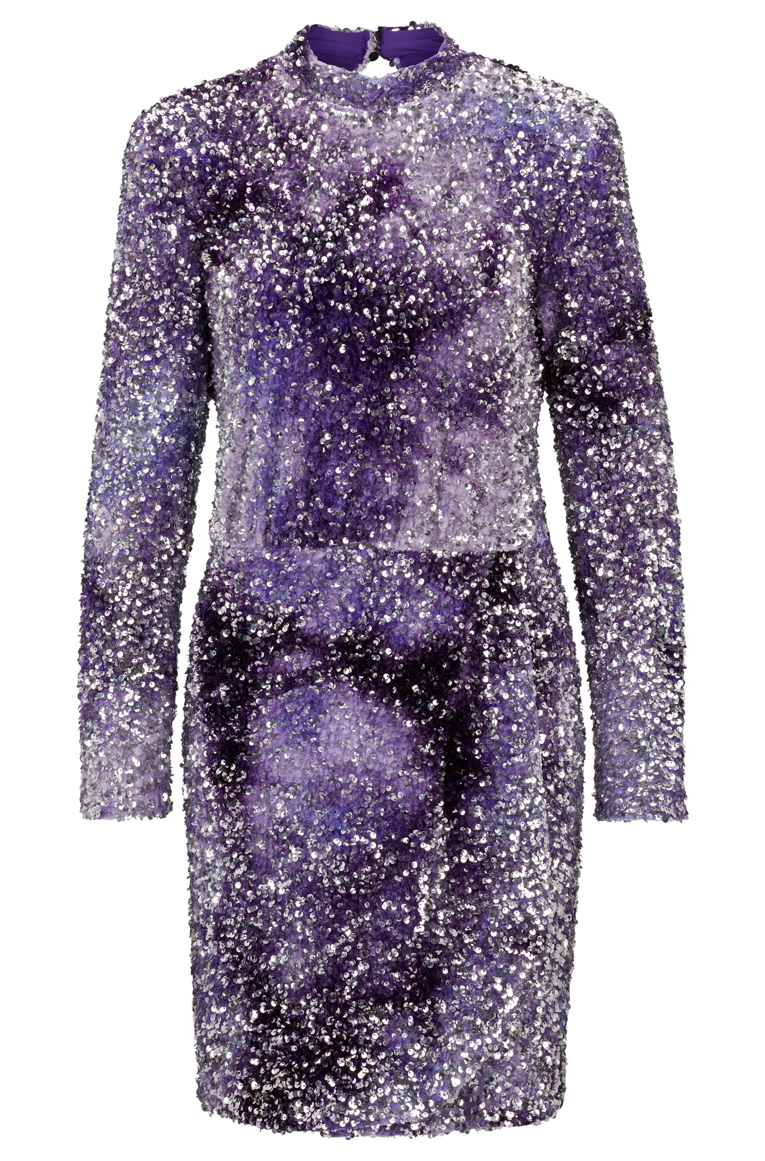 Vestido BOSS laranja, corte justo, com aplicações de lantejoulas e pregas frontais.