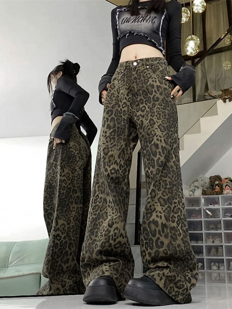 Saccharine - Mid Rise Leopard Print Wijde Broek