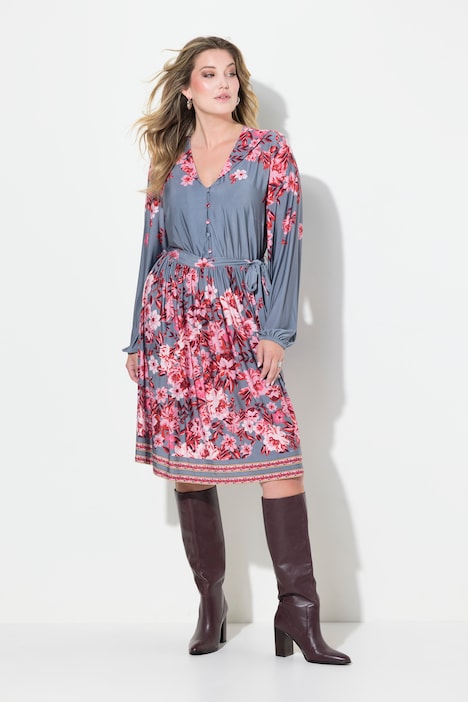 Kleid, A-Linie, Blumen-Druck, Langarm