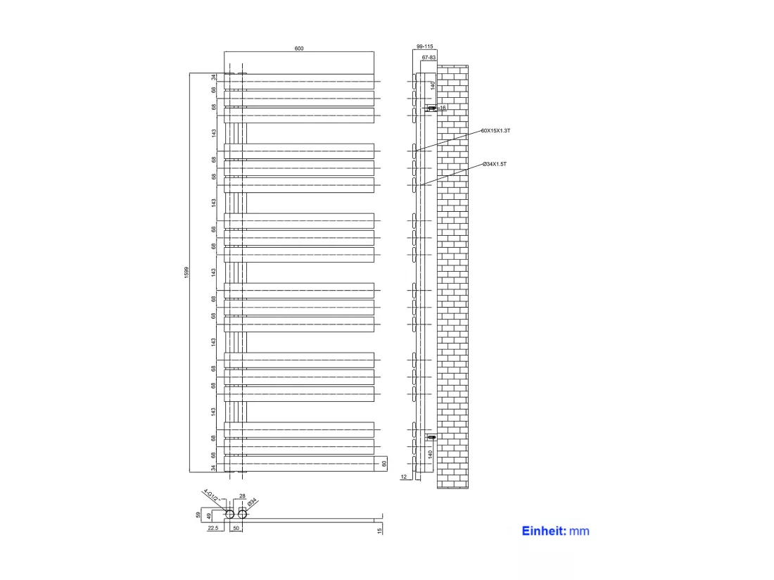 EMKE Sèche-serviettes à Eau Chaude Panneau Plat, Sèche-serviettes connexion latérale pour, Noir 752x600mm 479Watts