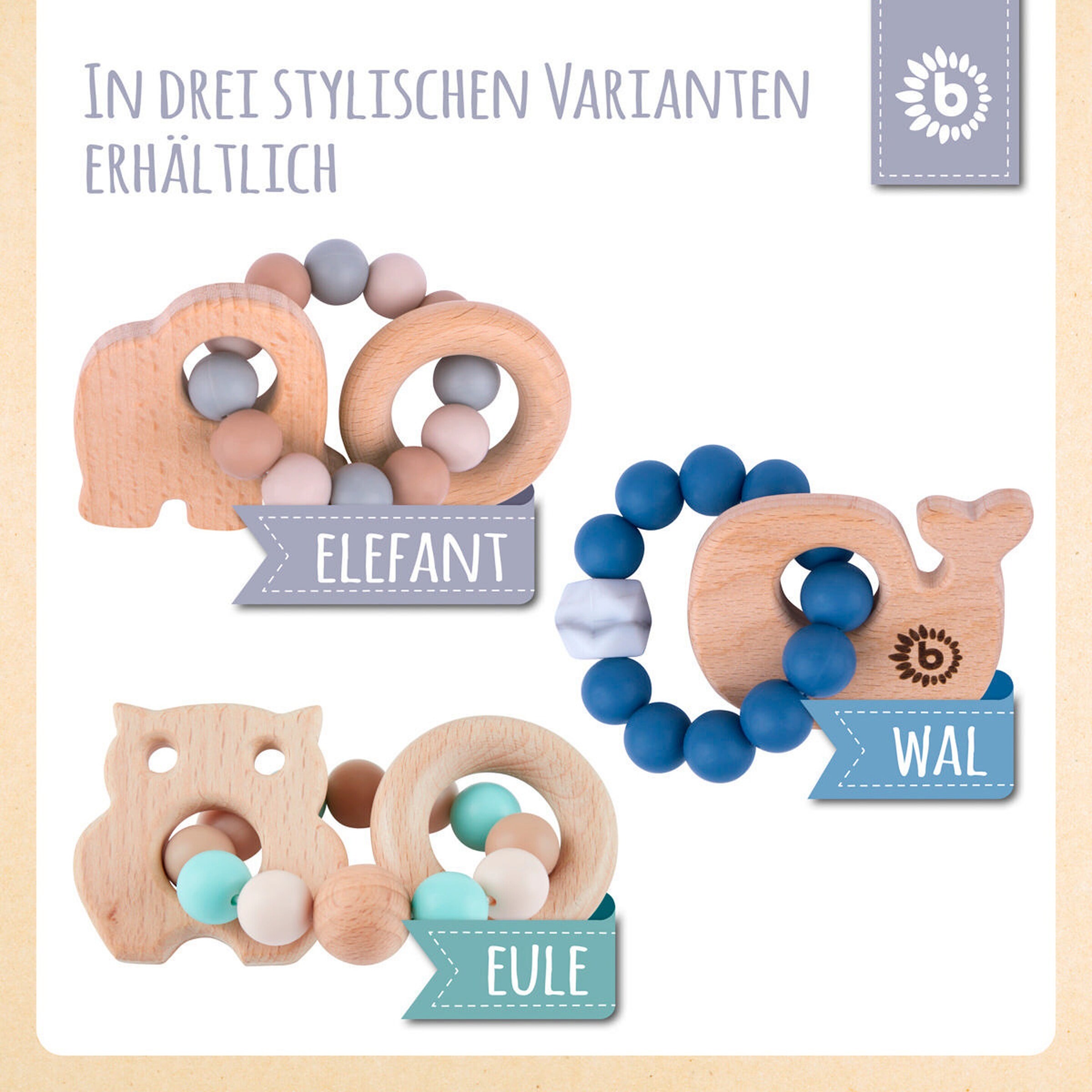 Bieco Greifling Holz Natur mit Silikon Elefant - ab Geburt Beige