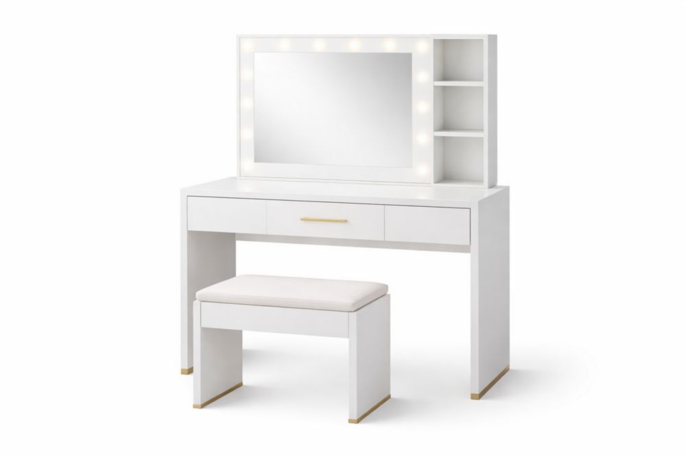 MDF Frisiertisch mit Spiegel und LED Beleuchtung Weiß mit Hocker