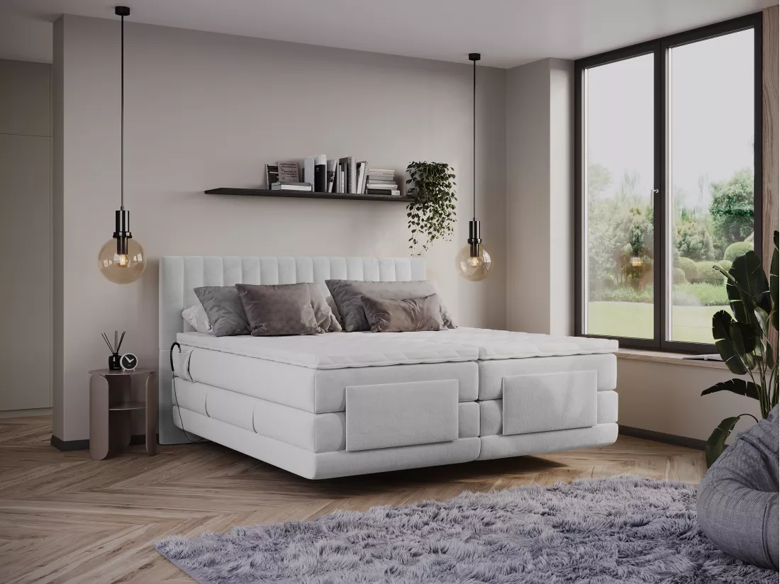 Ensemble complet boxspring tête de lit coutures verticales + sommiers relaxation électrique + matelas + surmatelas - 2 x 80 x 200 cm - Velours - Gris clair - DONISI de PALACIO