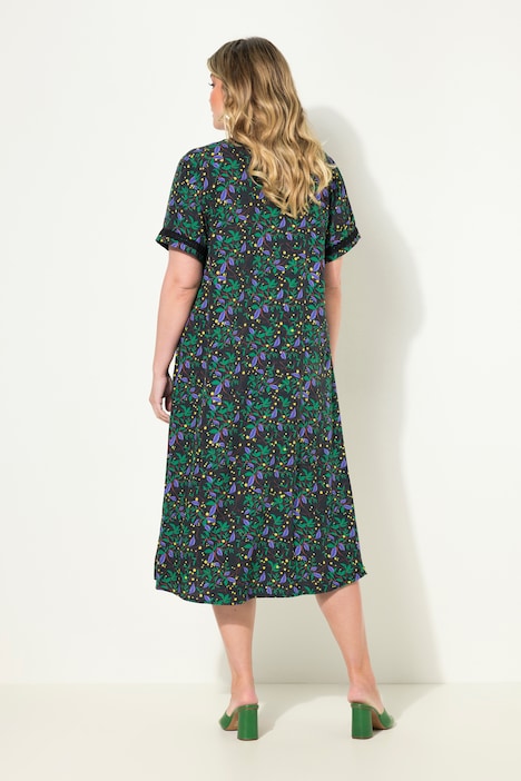 Maxikleid, A-Linie, Blättermuster, Halbarm