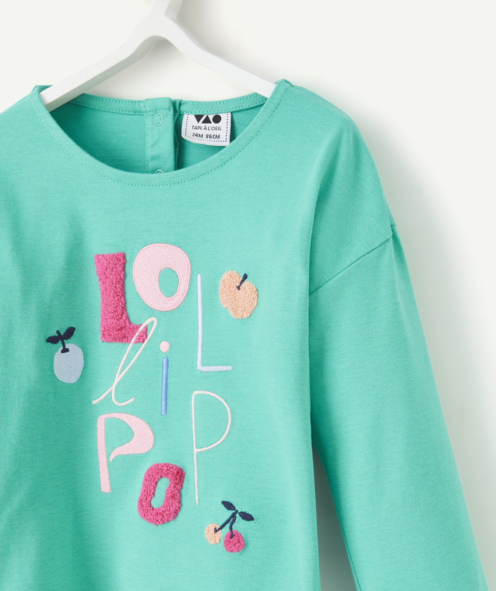 T-SHIRT MANCHES LONGUES BÉBÉ FILLE EN COTON BIO VERT AVEC DÉTAILS BOUCLETTES