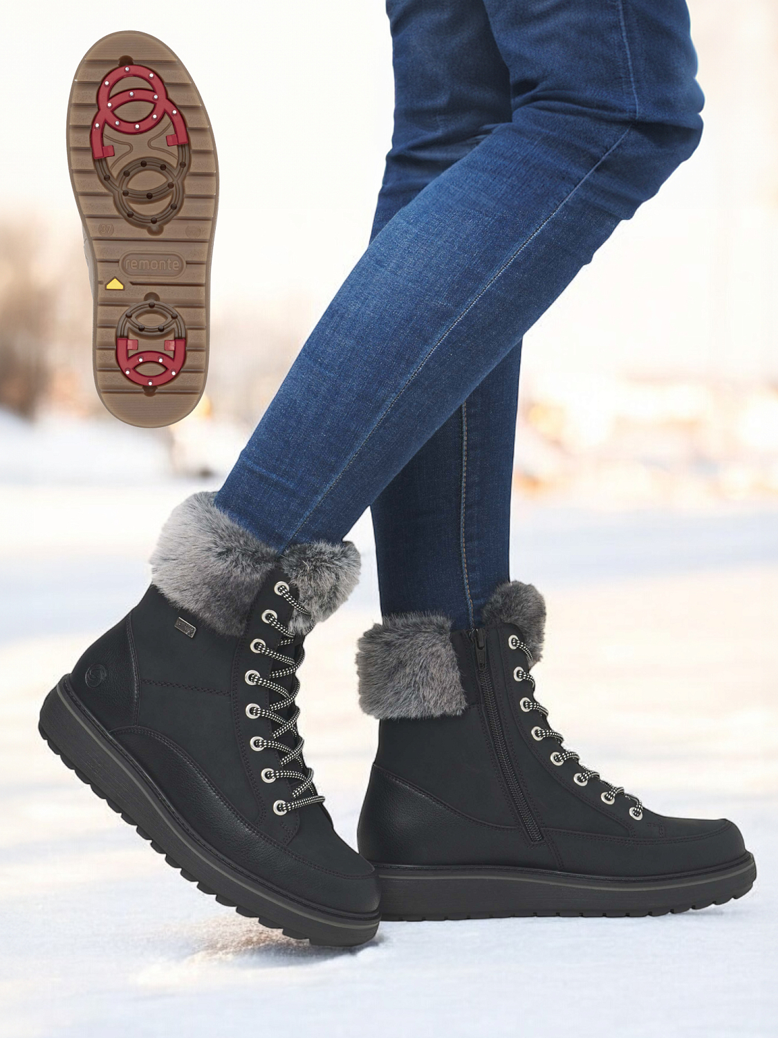 Remonte Premium leather tex black ullfôret med brodder