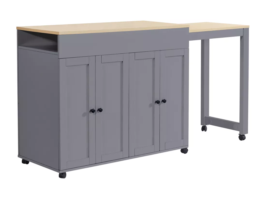 Ilot central de cuisine avec 4 portes - Plateau extensible - 118(180)x46x94 cm - Gris+naturel