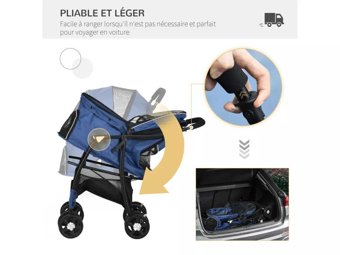 Poussette pliable pour chien chat - 4 roues doubles, 2 freins, attache, coussin inclus - acier Oxford bleu