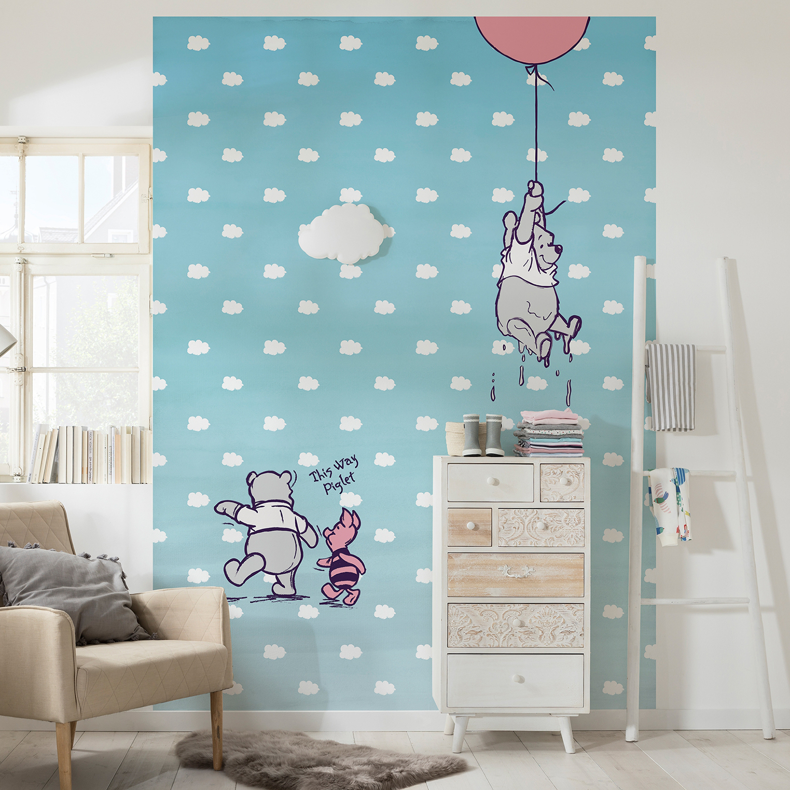 Papier-Fototapete WINNIE POOH PIGLET - blau-rosa - 1,84 Meter