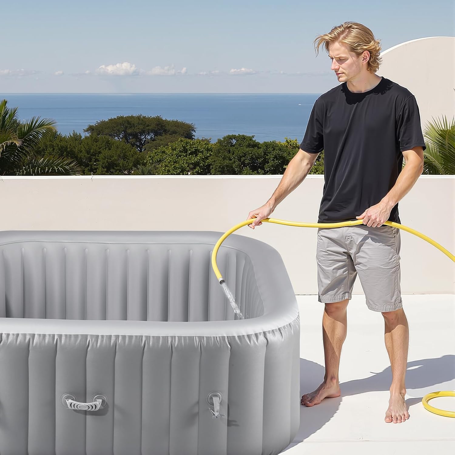 VEVOR aufblasbare Badewanne für 4 bis 6 Personen (185 x 66 cm), quadratisch & tragbar, mit 130 wohltuenden Düsen & Filter & Abdeckung & Matte & multifunktionalem Bedienfeld, PVC Spa-Pool Outdoor