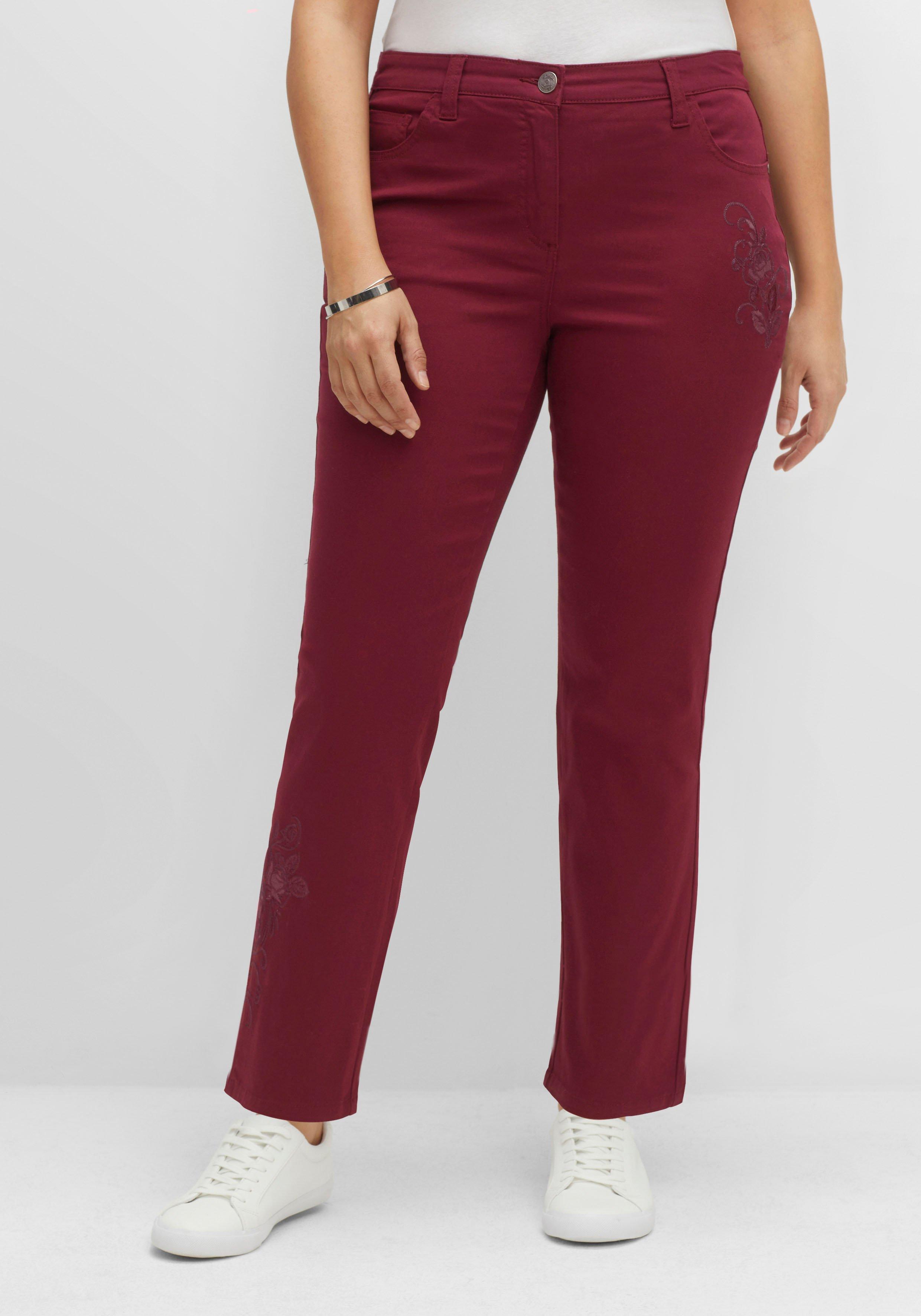Gerade Twillhose mit dezenter Blumenstickerei