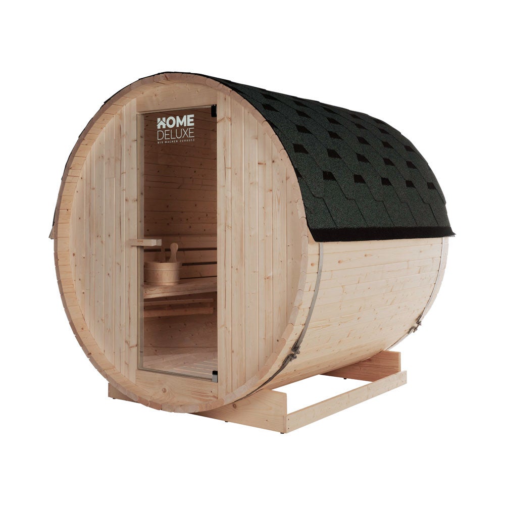 Home Deluxe - Buitenbarrelsauna LAHTI L - Afmetingen: BxDxH: ca. 194 cm x 191 cm x 180 cm, Houtsoort: Vurenhout - incl. saunakachel en saunatoebehoren | Tuinsauna, buitensauna, barrelsauna voor 4 personen