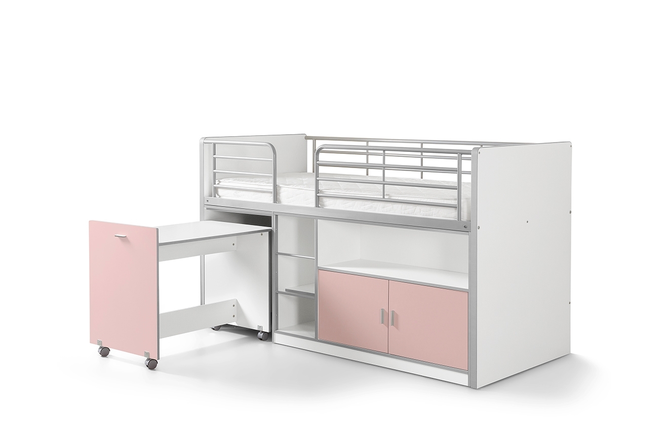 Funktions-Hochbett BONNY - weiß-rosa - mit Schreibtisch - 90x200 cm