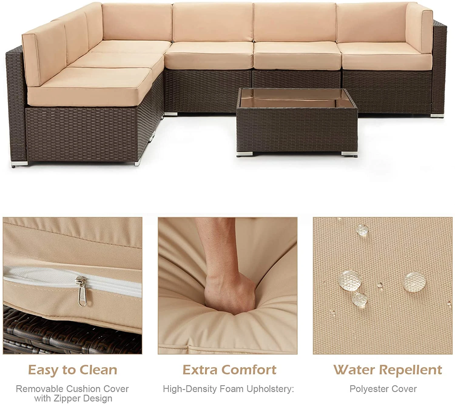 U-MAX 7 Piece Outdoor Patio Furniture Set, PE Rattan Wicker Sofa Set, Outdoor Sectional Furniture Chair Set with Khaki Cushions and Tea Table