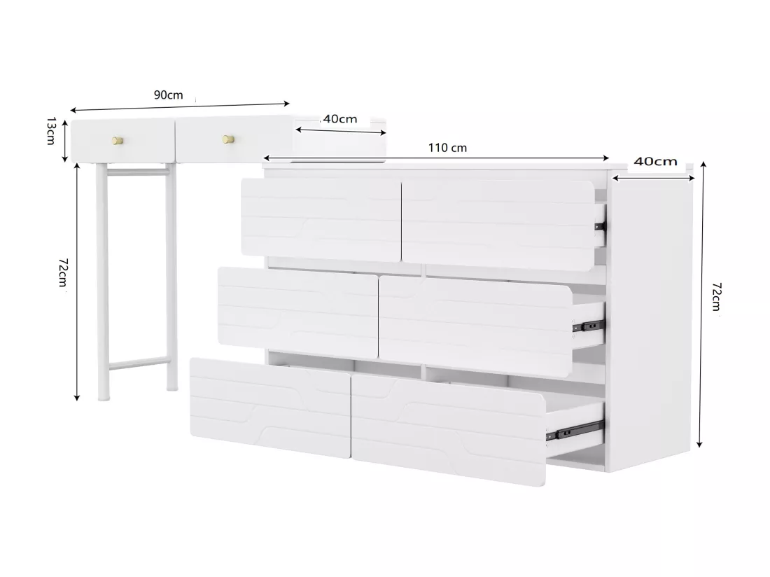 Coiffeuse,Commode 6 tiroirs,Trois niveaux, six tiroirs,Comprend des armoires latérales coulissantes,sans chaises ni miroirs,Blanc,180x40x85cm