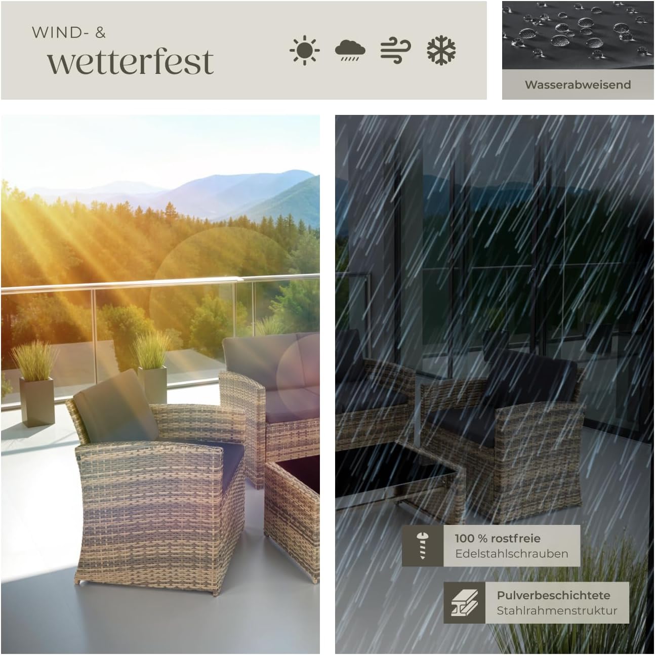 tectake Lounge Gartenmöbel Set Poly Rattan für den Garten, Möbel für den Balkon, 12-teilige Garten Lounge (wetterfest), Essgruppe mit Outdoor Sofa, Sessel und Tisch für 4 Personen (Natur/Dunkelgrau)