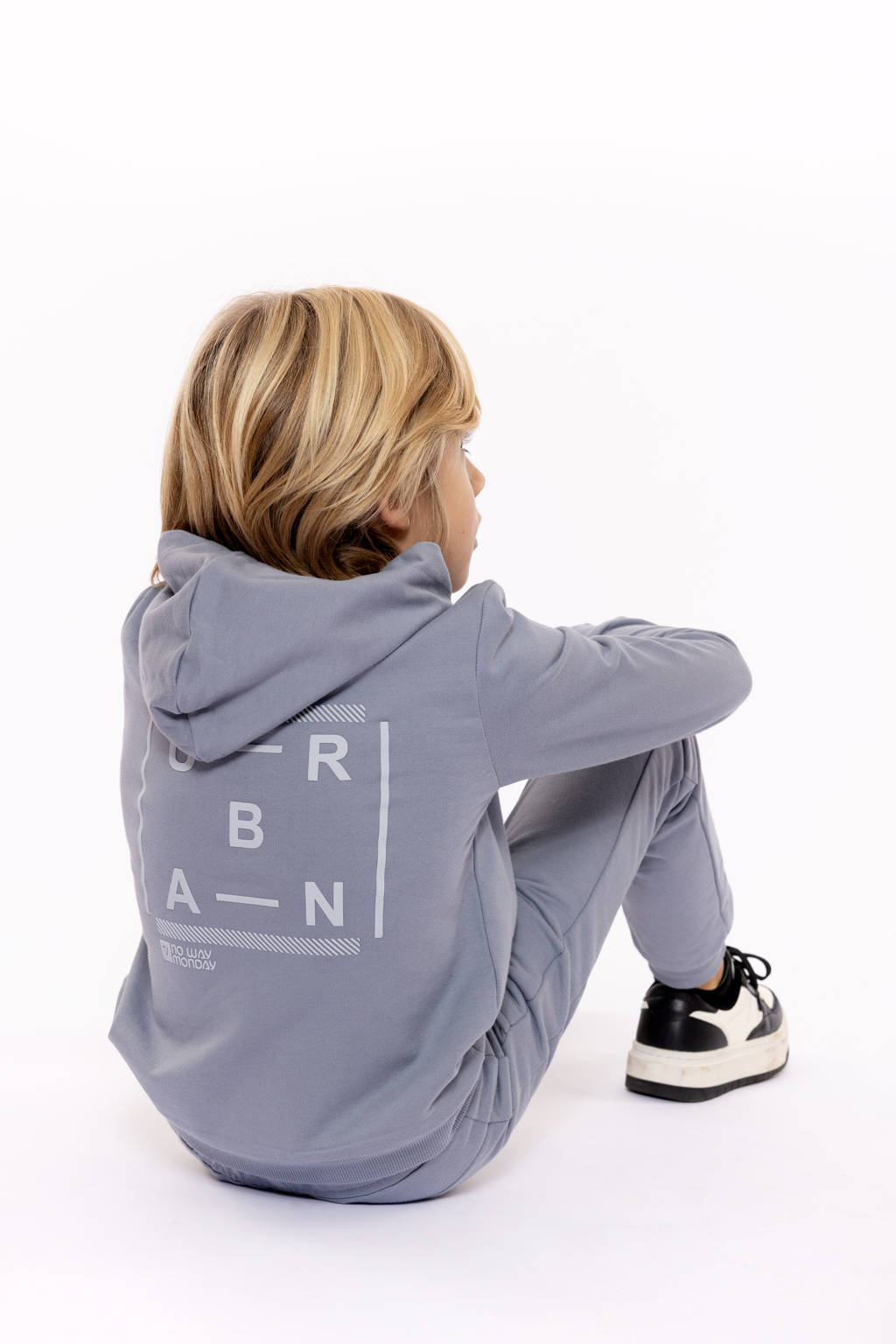 No Way Monday ribgebreide hoodie met backprint grijsblauw
