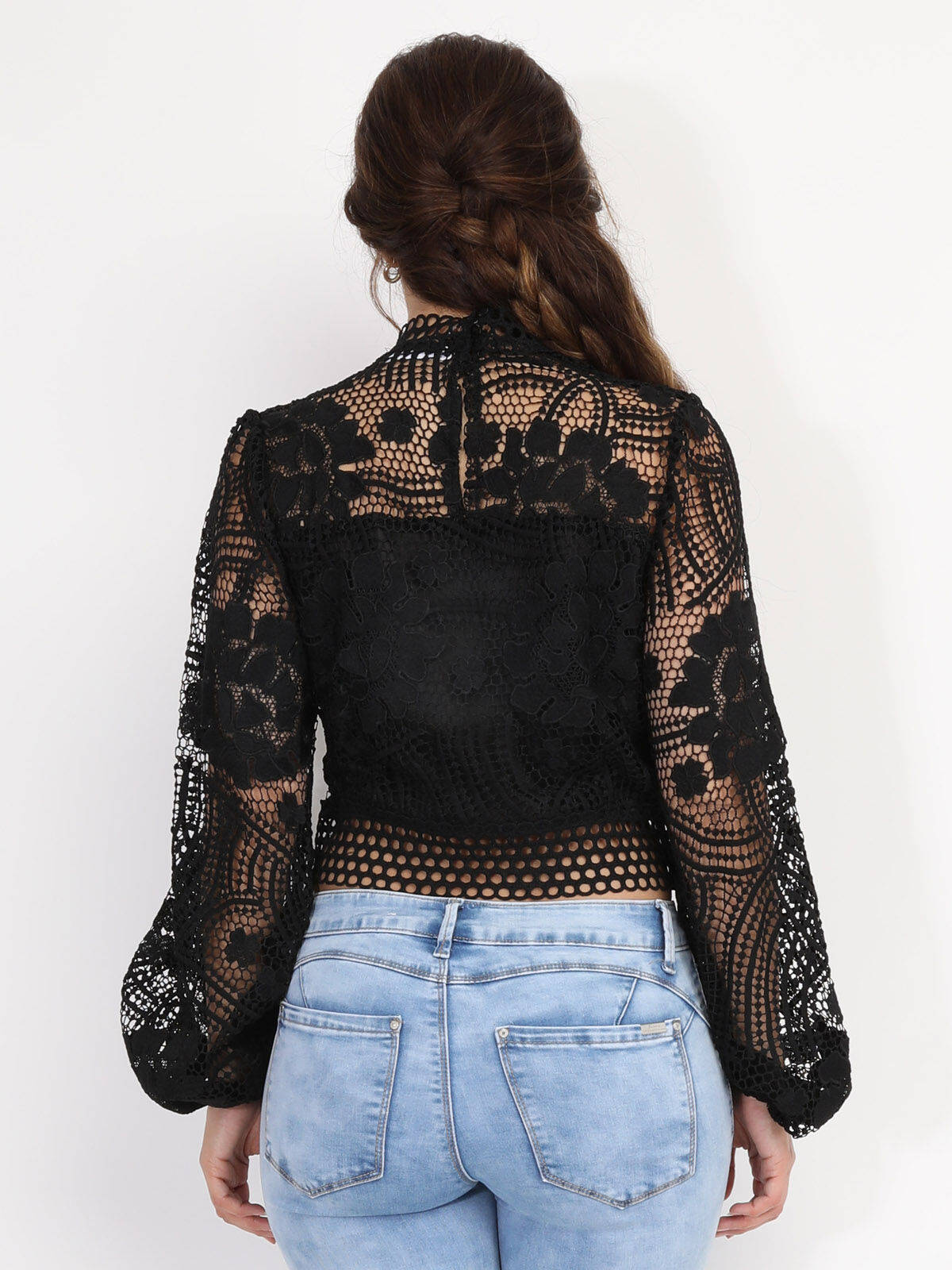 Blouse en crochet à manches ballon- Noir