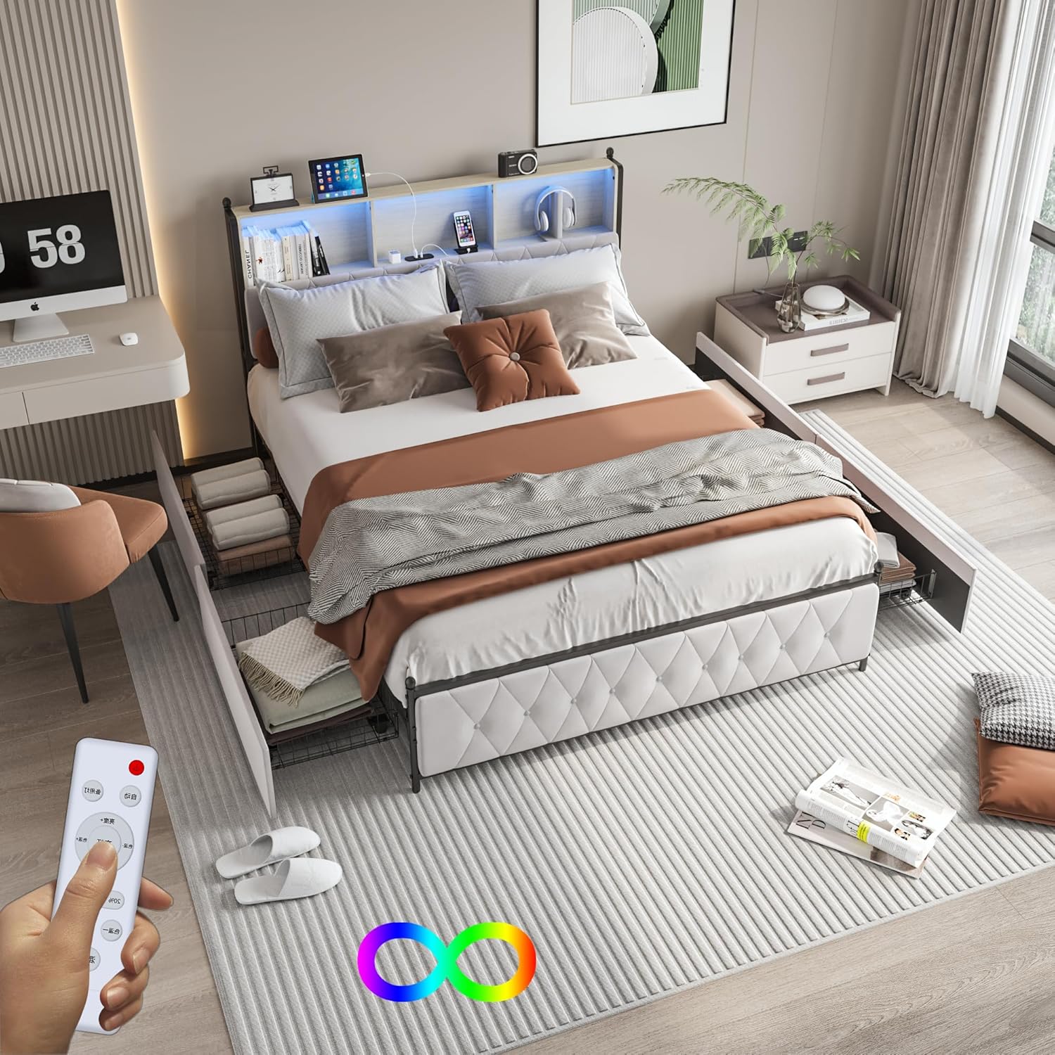 Polsterbett 140x200 cm Doppelbett mit LED und USB, Jugendbett mit Stauraum-Kopfteil Stauraumbett mit 4 Schubladen, Bettgestell mit Lattenrost, Samt (Beige, 140 x 200 cm)