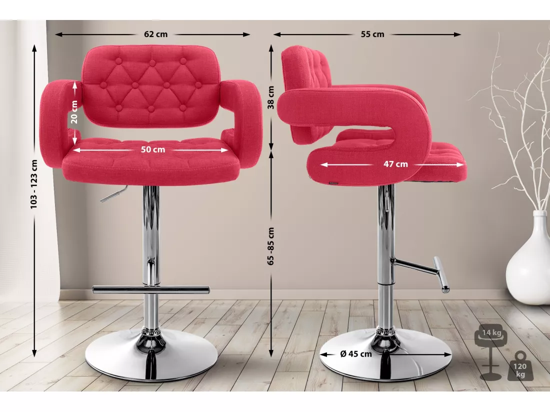 Lot de 2 Tabouret de bar - Tissu & Métal chromé - Rouge - Dublin