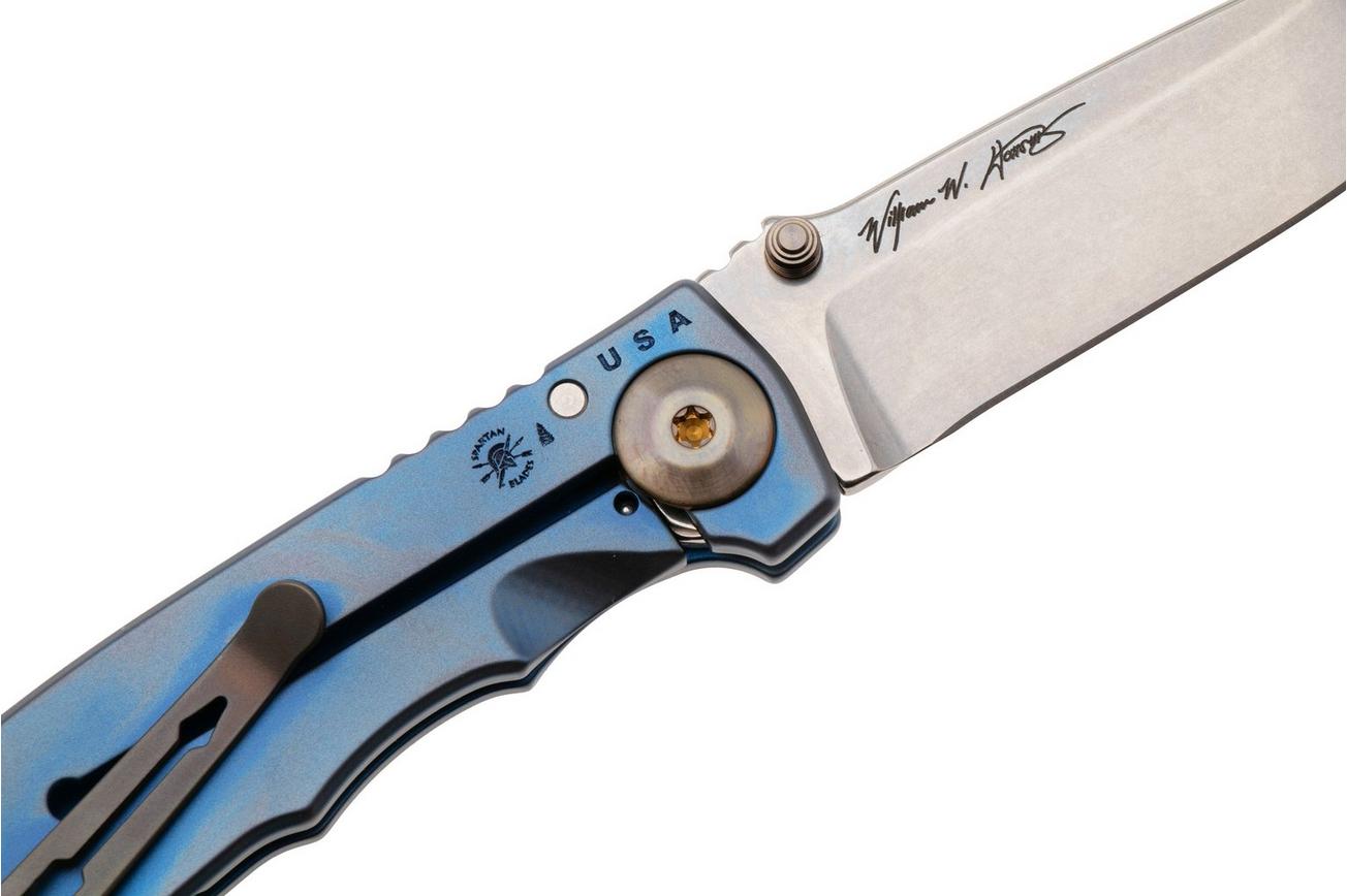 Spartan Harsey Folder 3.25 SF10C-WTCH-WORK, Stonewashed CPM MagnaCut, Watch Works Blue/Bronze/Gold Titanium zakmes