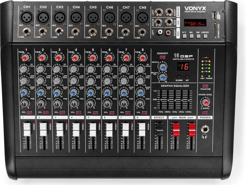 Vonyx AM8A 8-kanaals Muziekmixer met Ingebouwde 1000W Versterker