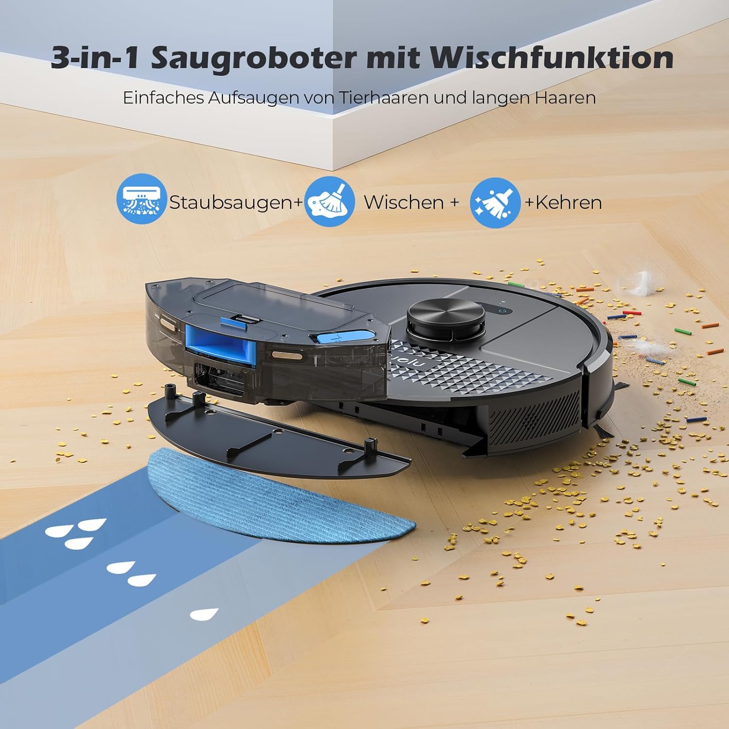 Lubluelu Saugroboter mit Absaugstation 3-in-1, 4500Pa Staubsauger Roboter mit Wischfunktion, Roboterstaubsauger mit Lasernavigation, App Steuerung, 24 No-Go Zonen für Tierhaare, Teppich (SL68 Plus)