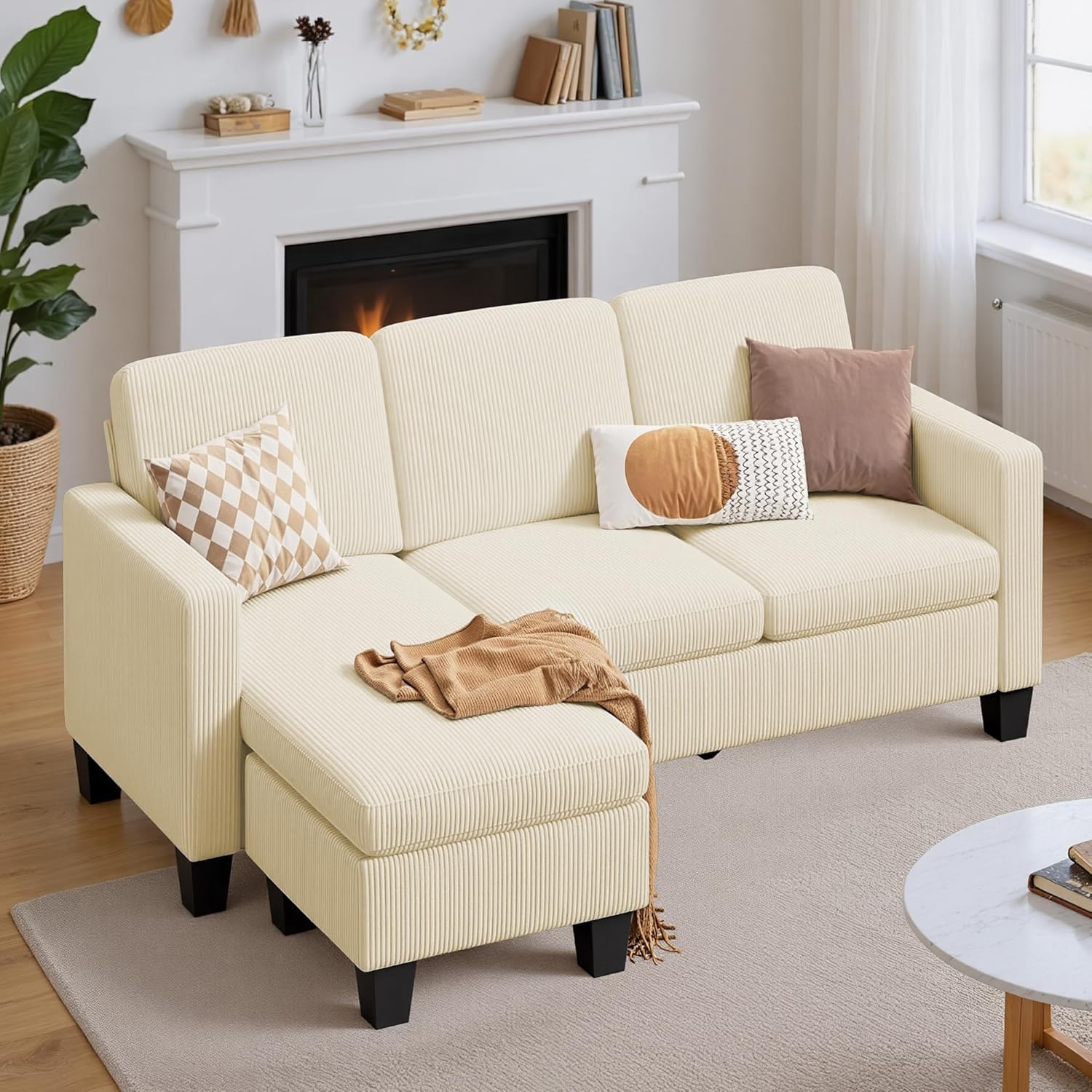 Xbro Ecksofa L-Form 3-Sitzer mit beweglichem Fußhocker, kleines Ecksofa aus weichem Cordstoff, 188 × 136,5 × 89 cm, Beige