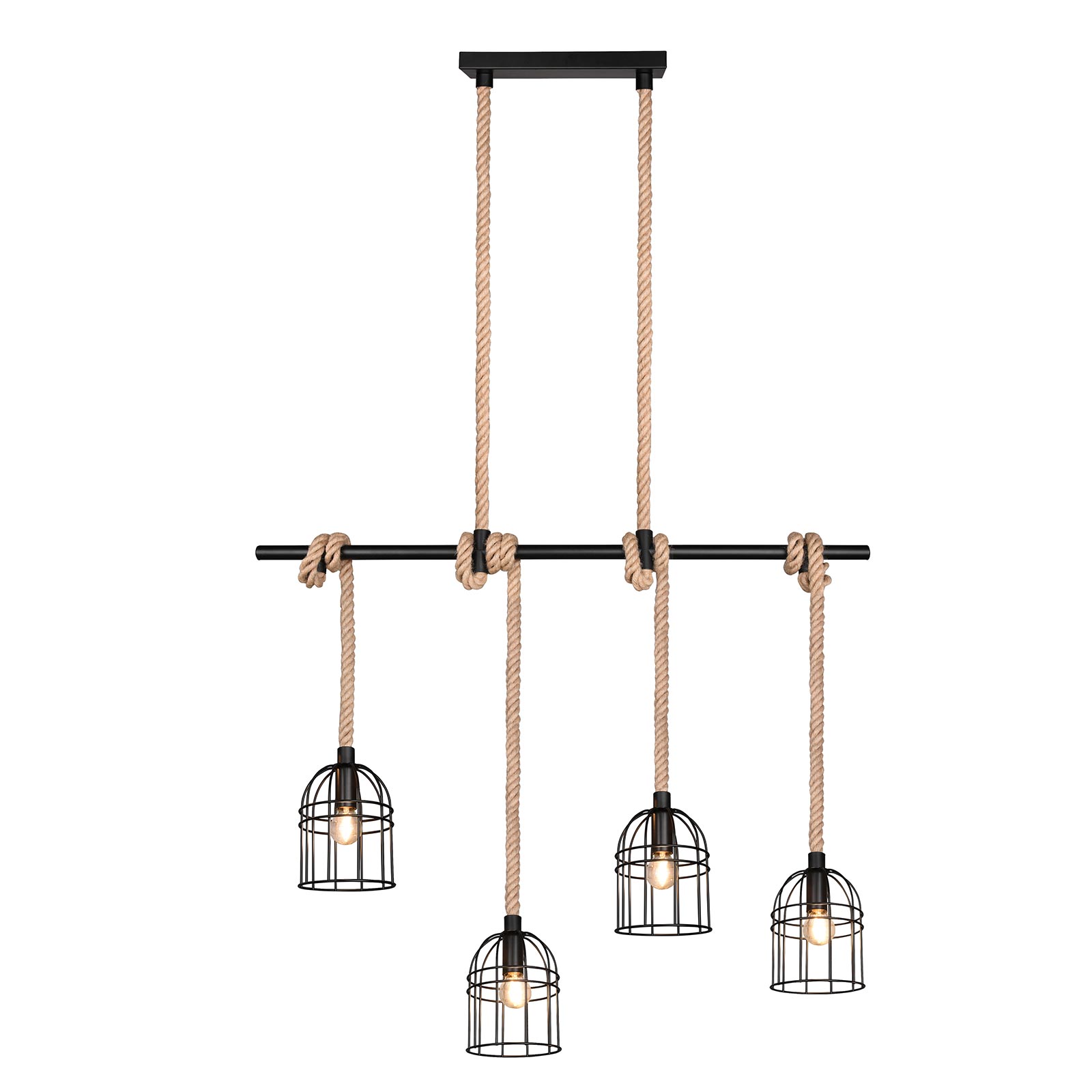 Pendelleuchte - schwarz matt-braun - Metall - Sisal - 4-flammig