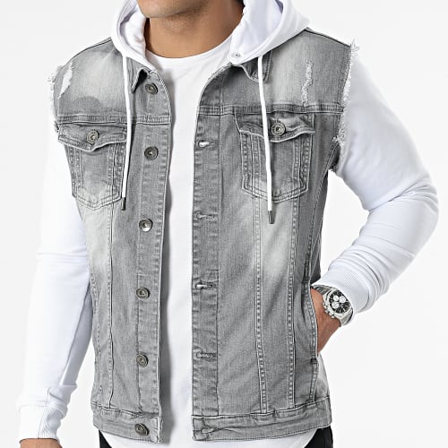 Veste Jean A Capuche 2261 Gris Denim Blanc