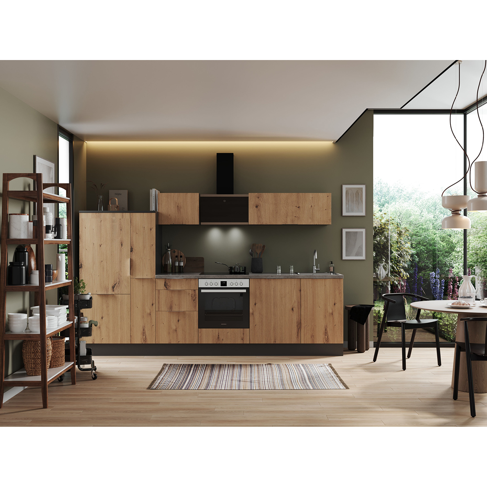 RESPEKTA Küchenblock - Artisan Eiche - grau matt - mit E-Geräten - 310 cm