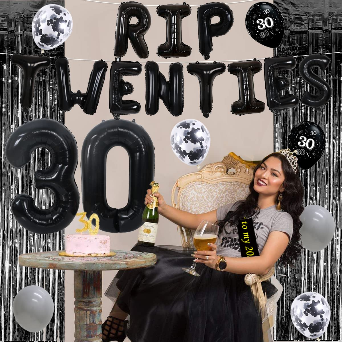 (21-tlg. Set) R.I.P Twenties Girlande 30. Geburtstag Party Deko Grusel Grabstein Latex- und Folienballons / Lametta Vorhang / Girlande / Schärpe