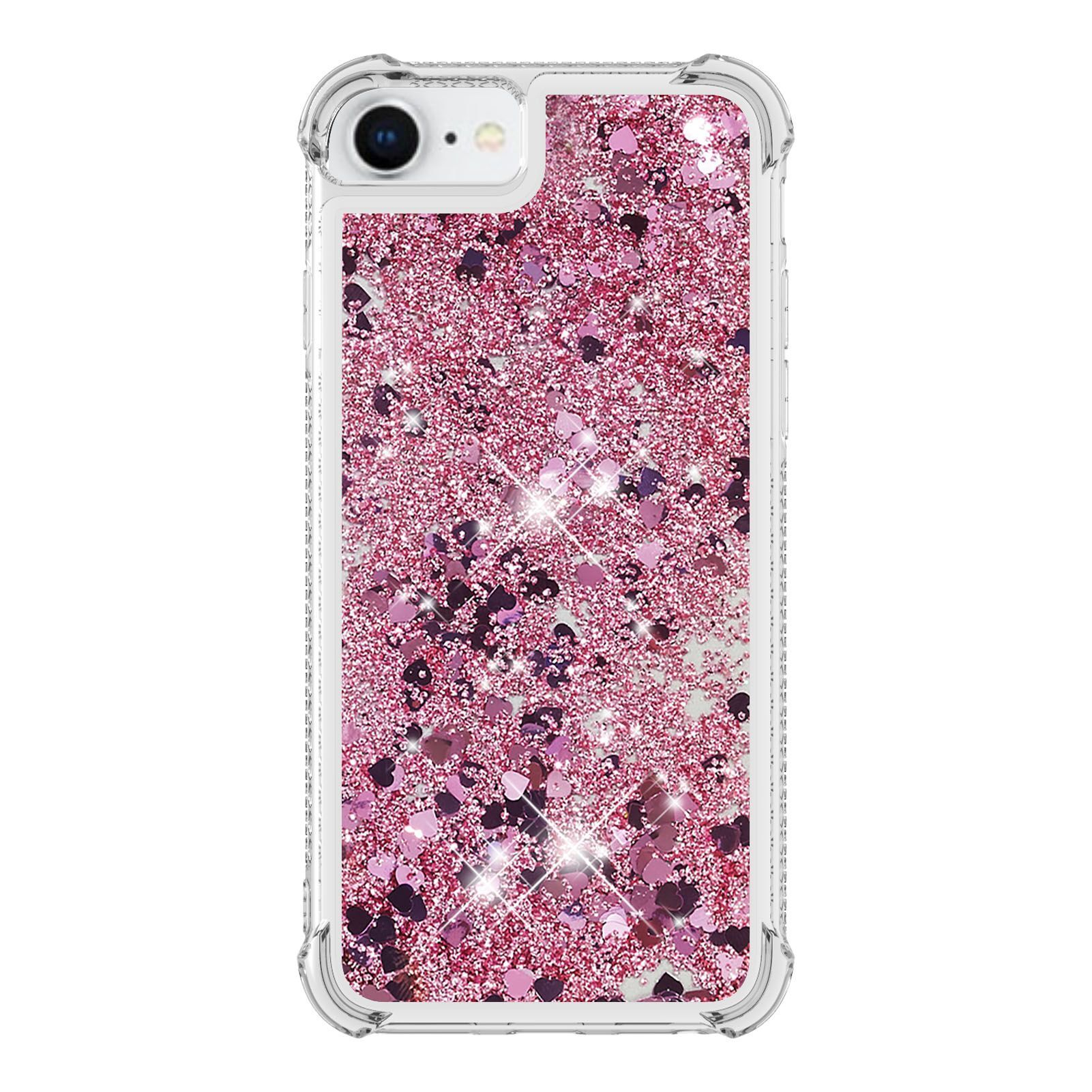 iPhone SE (2022/2020) / 8 / 7 Gummi Hülle mit Air Cushion Fallschutz Liquid Case Glitzer Herzen - Transparent / Pink