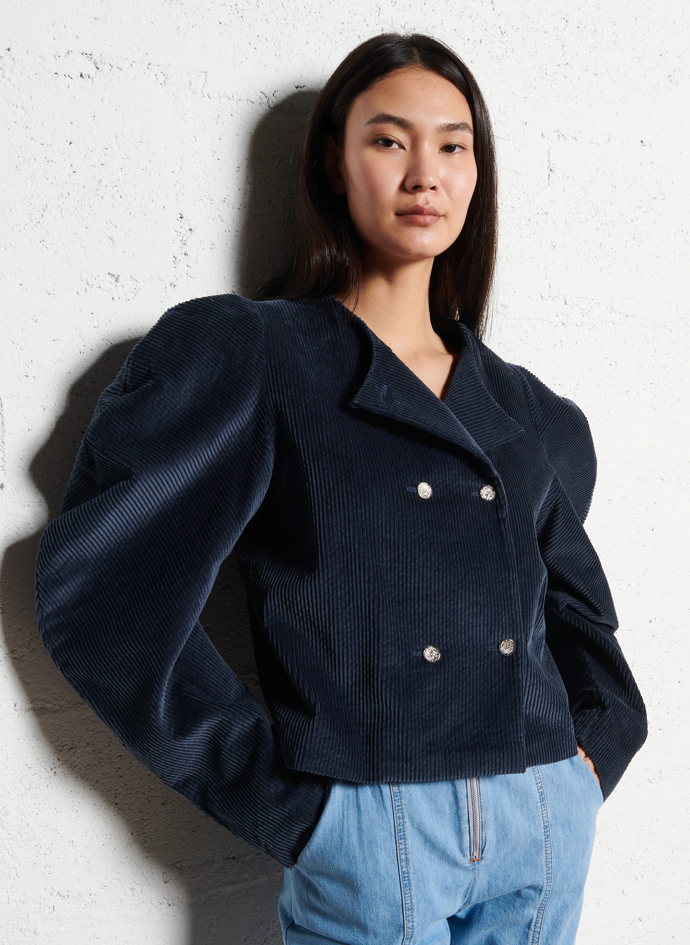CAMILA - Veste ample en coton côtelé | Bleu