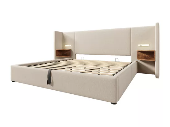 Lit double capitonné 180 x 200 avec table de chevet, liseuse et chargeur USB Type-C, beige, lin.