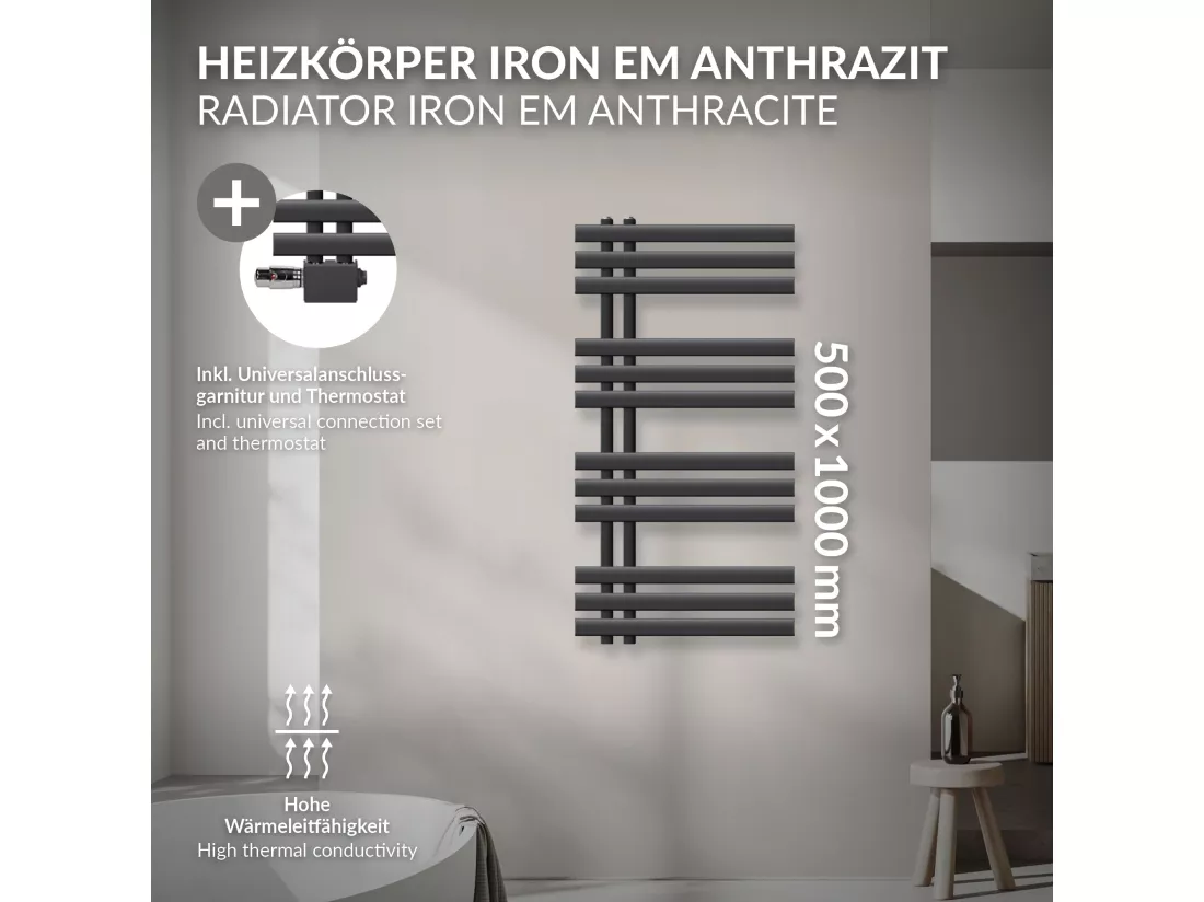 Radiateur de salle de bain Iron EM 500x1000mm anthracite raccord mural+garniture