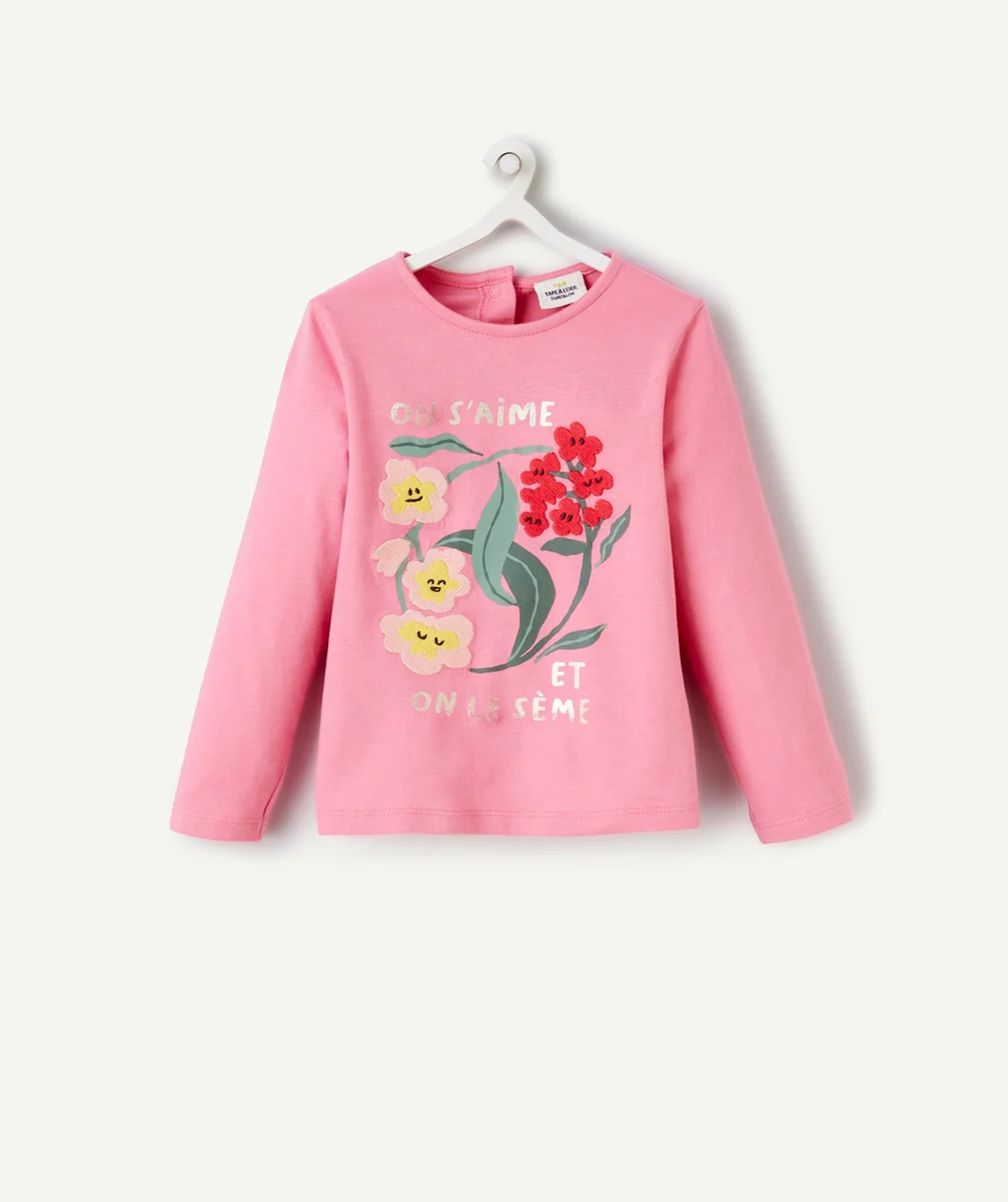 T-SHIRT MANCHES LONGUES BÉBÉ FILLE EN COTON BIO ROSE MOTIF FLEURS BRODÉES