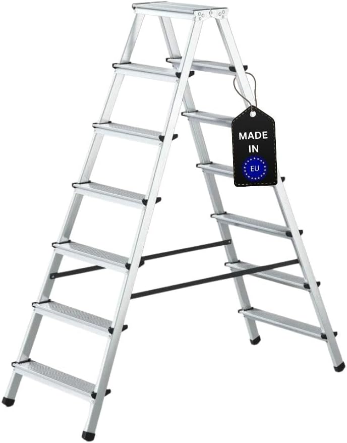 PROREGAL Economy Basic Trapladder, dubbelzijdig toegankelijk, 2 x 7 treden, werkhoogte 3,44 m, draagvermogen 125 kg