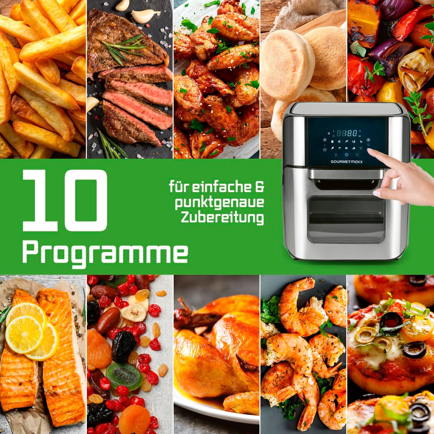 GOURMETmaxx Digitale Heißluftfritteuse 12 L, XXL-Edelstahl-Ofen | Airfryer + Timer, Touchdisplay, Drehspieß | fettarm, energiesparend frittieren | 10 Programme inkl. Pizza | 1800 W