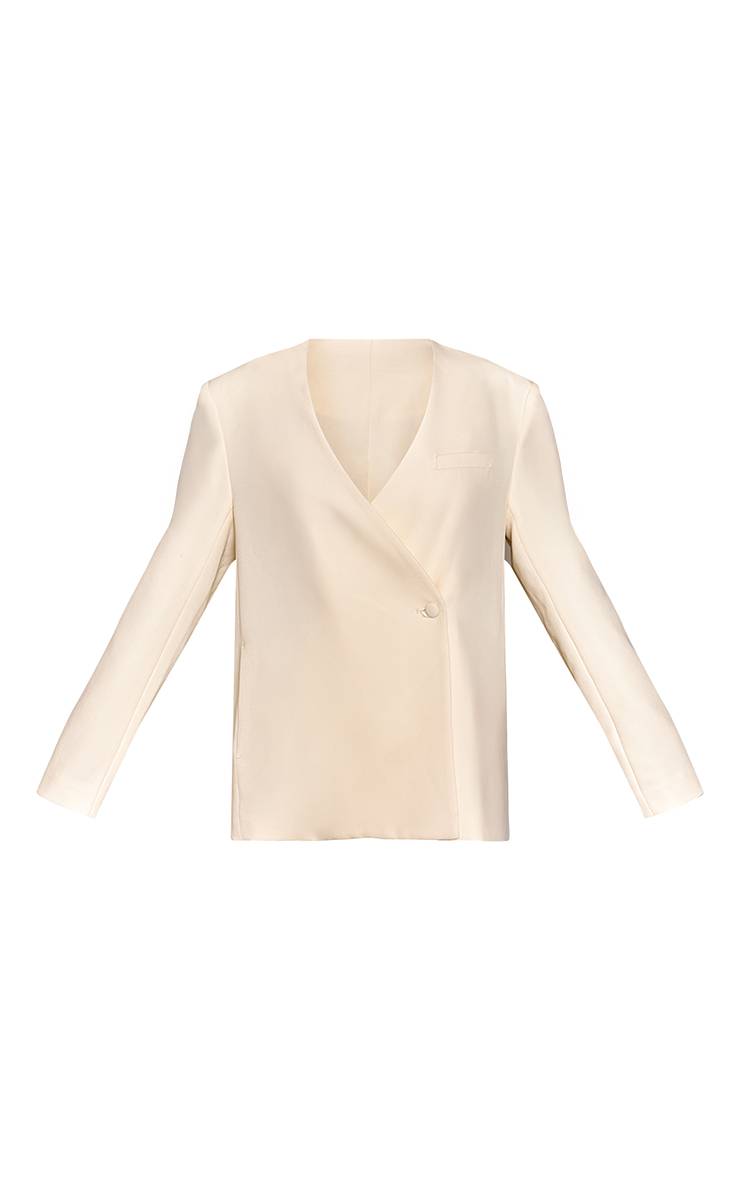 Butter Cream Blazer Beige Rayé Sans Col Asymétrique Ajusté