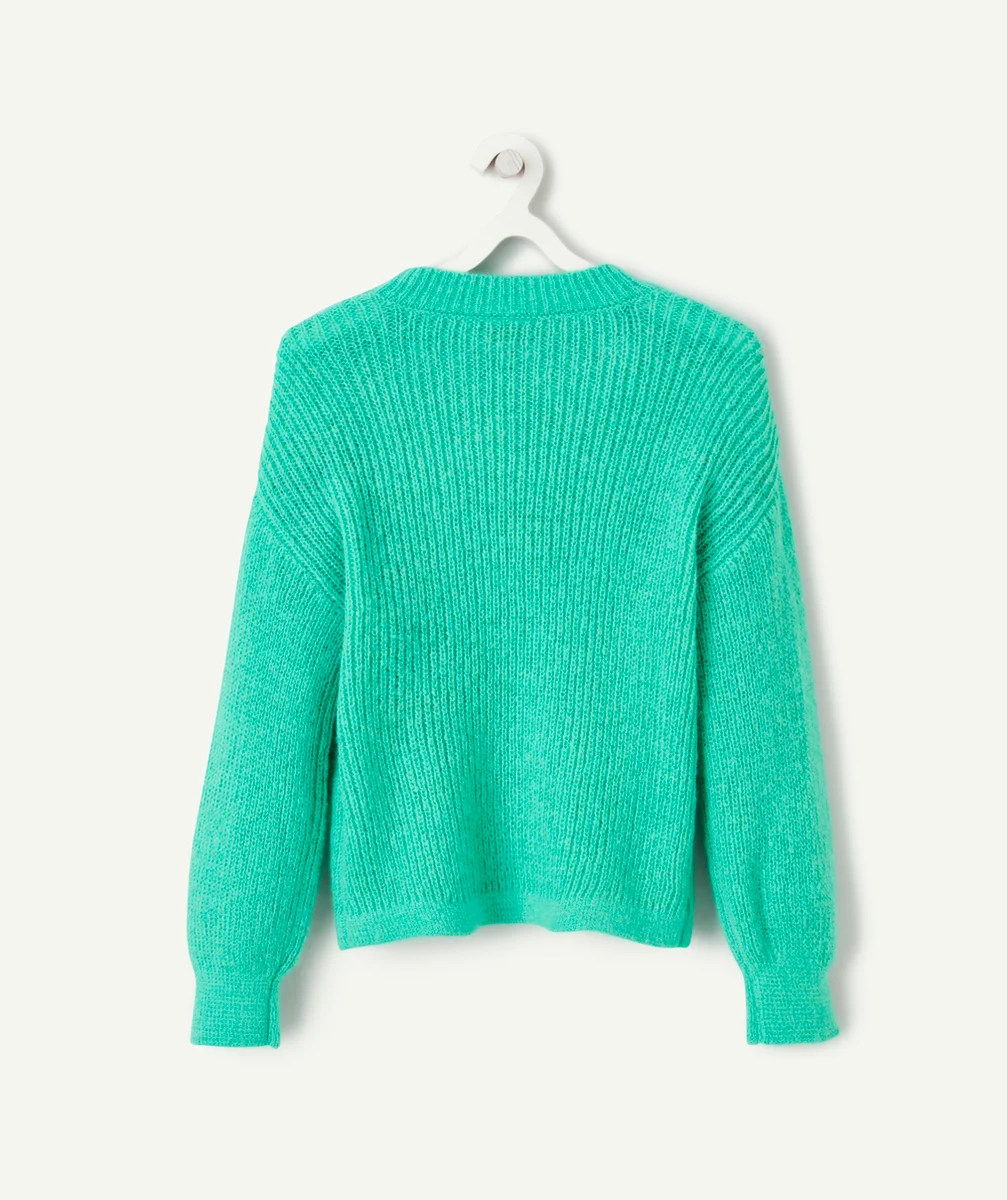 PULL LARGE FILLE EN TRICOT VERT À MANCHES LONGUES