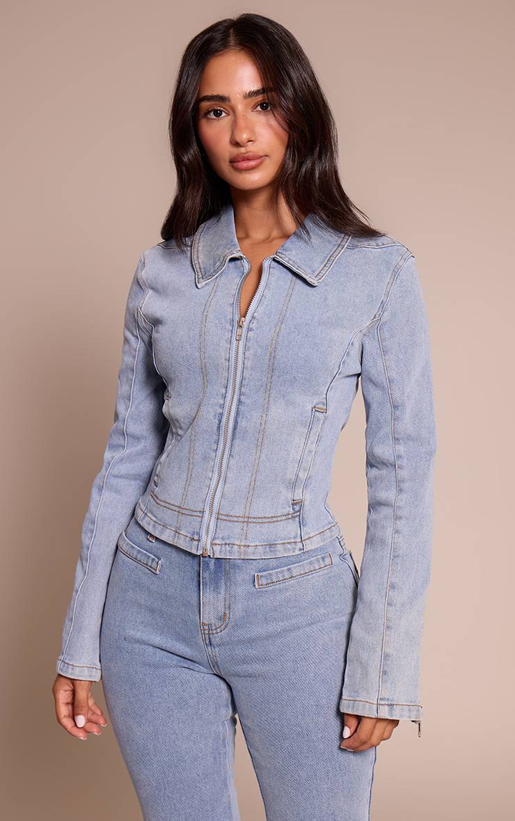 Bleu Clair Veste En Jean Ajustée À Fermeture Éclair Petite Taille