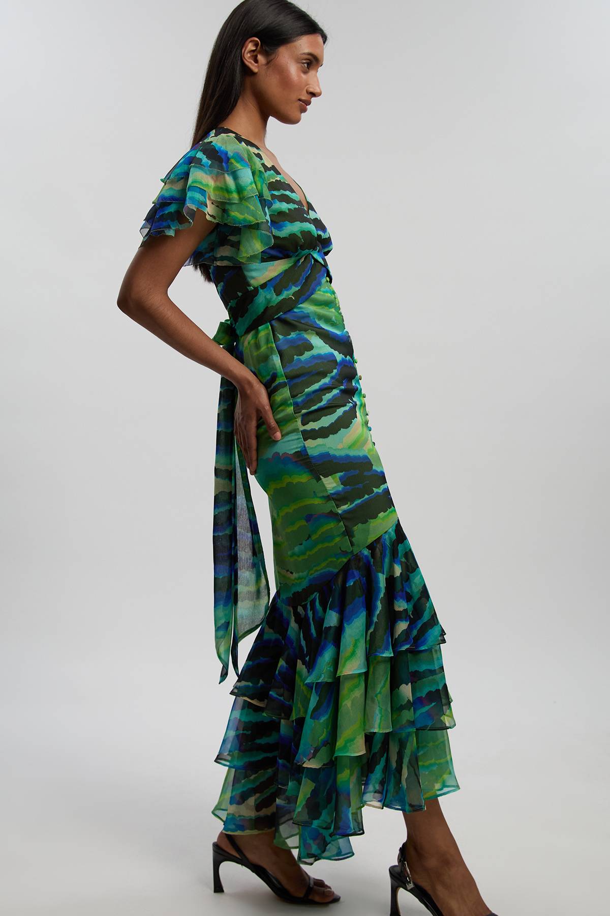 KarenMillen Robe Longue Boutonnée À Manches Volantées Imprimé Animal